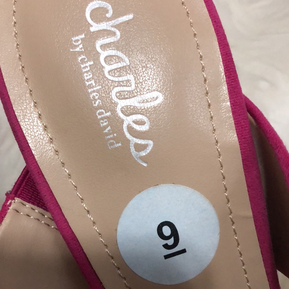 CHARLES DAVID • Gorgeous Pink Open Toe Pumps with Colorful Buckle Detail Accent - Picture 9 of 13